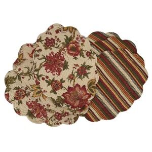 Set of 6 Vintage Reversible Placemats Scalloped Floral Stripe Quilted Floral